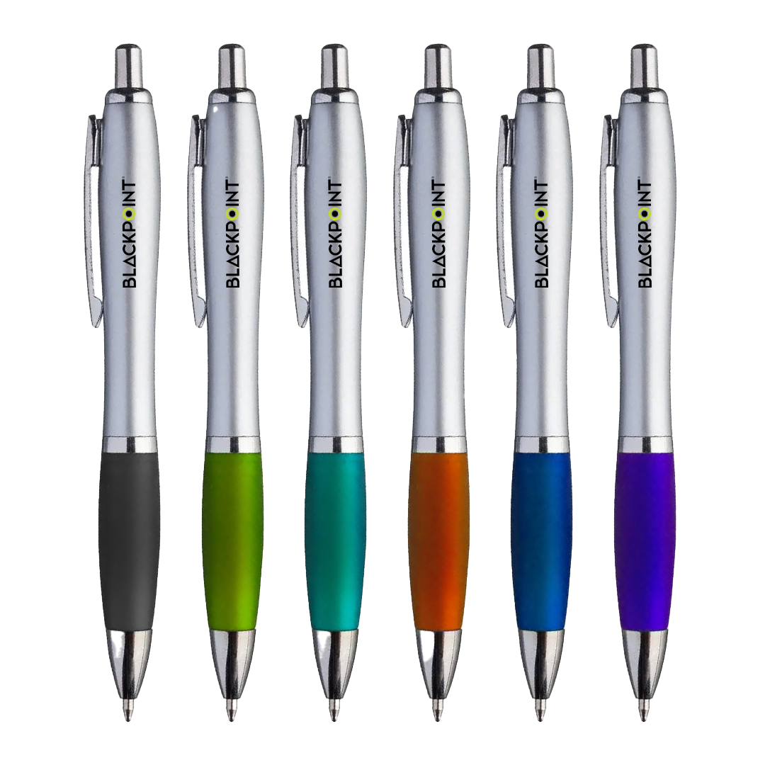 Bolígrafos Curva B1009 de BLACKPOINT en colores gris, verde, turquesa, naranja, azul y violeta
